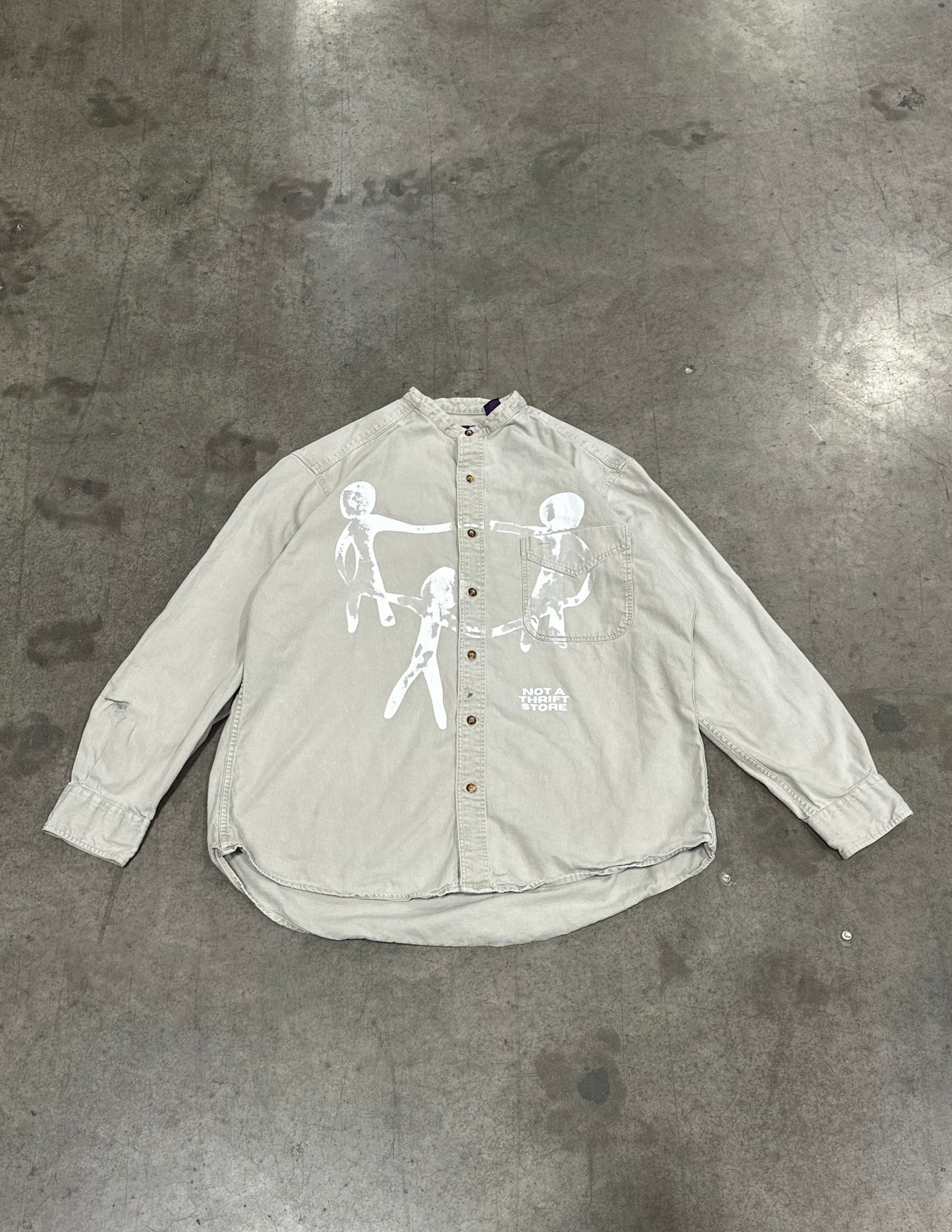 Stonewashed Band Collar Long Sleeve Button Up - L