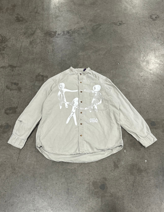 Stonewashed Band Collar Long Sleeve Button Up - L